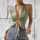 Light green solid color halter faux leather vest with deep V-neck lace-up front