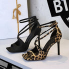 Langry fashion cocktail leopard print square high heel sandals with black straps and buckle