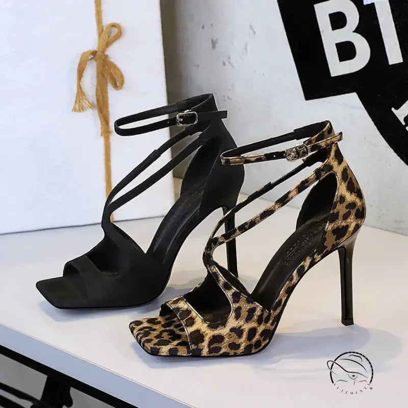 Cocktail leopard print square high heel langry fashion sandals