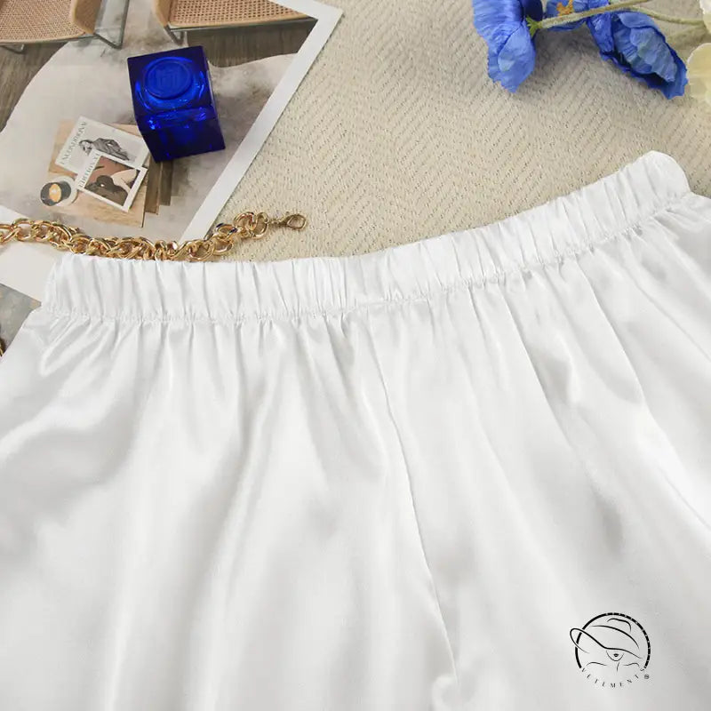 White satin elastic waist shorts for luxurious home wear fashion