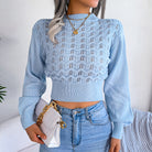Light blue knit crop top featuring lantern sleeve design for trendy fashion outfits