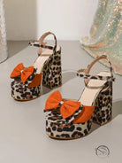 Leopard print platform shoes with orange bows and waterproof comfort