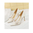 Cocktail High Heel Women Shoes Bow Sequined Lace Mesh Pointed Shallow Mouth Stiletto