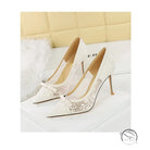 Cocktail High Heel Women Shoes Bow Sequined Lace Mesh Pointed Shallow Mouth Stiletto