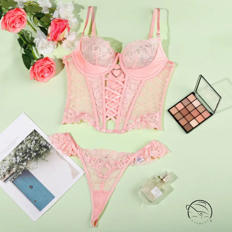 Stunning pink lace lingerie set with corset and matching thong