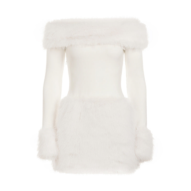Langry elegant party off-shoulder faux fur jacket in white fluffy fashion ملابس