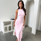 Pink sleeveless dress with asymmetrical ruffled hem from Sultry Evening Dress collection