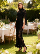 Elegant black lace evening gown with bell sleeves, high neckline, langry fashion