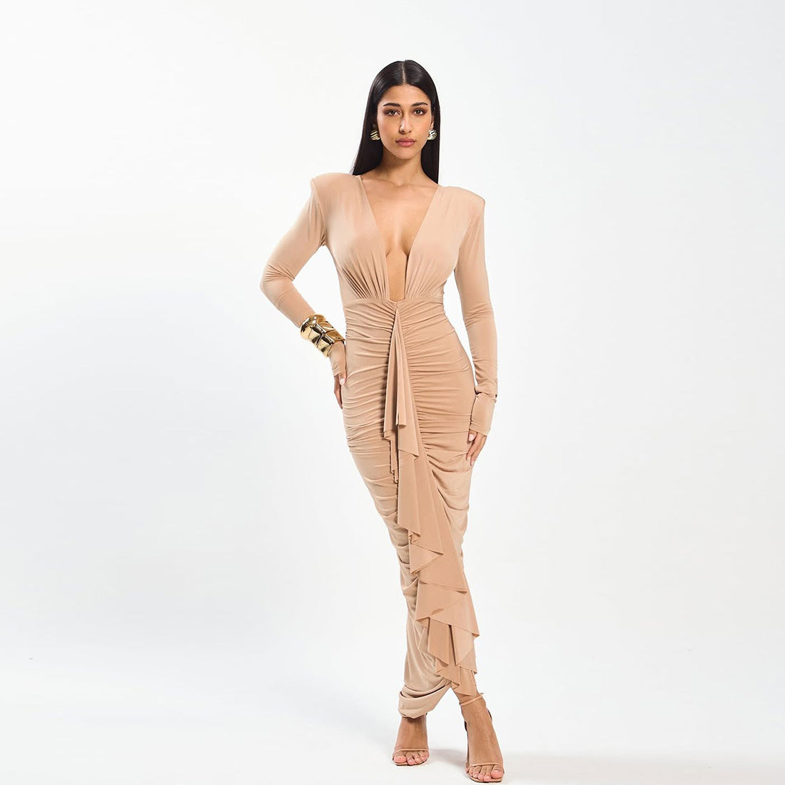 Elegant slim nude ruched evening dress in langry fashion ملابس