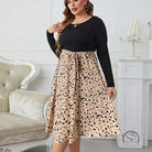 Polka dot printing loose dress in black and leopard print with belt