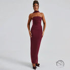 Burgundy halter-neck maxi dress in gorgeous winter evening fashion