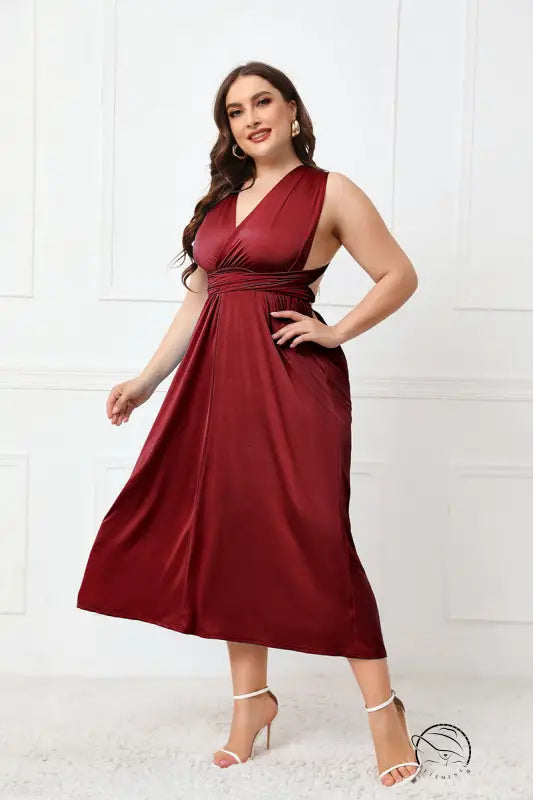 Elegant cross backless burgundy satin midi dress