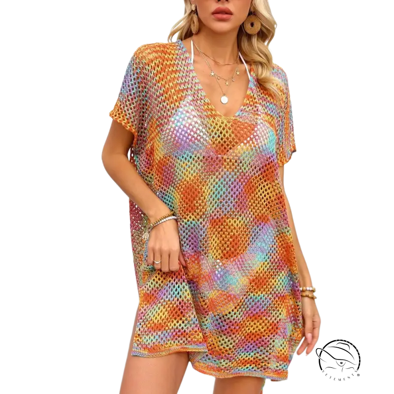 Vibrant multicolored blouse summer rainbow stitching with v-neck and short sleeves