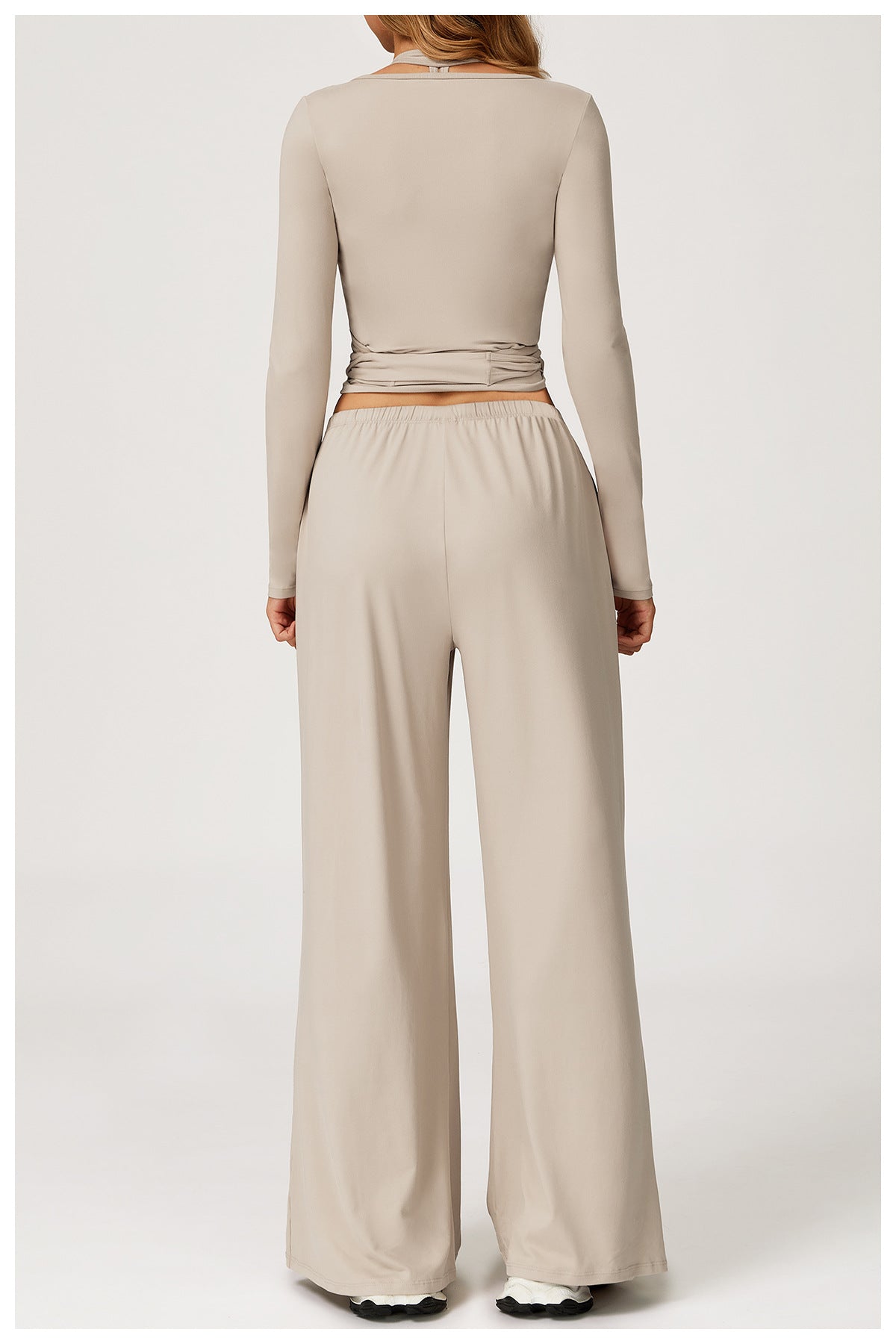 Langry beige wide-leg yoga jumpsuit with belt detail, fashion ملابس