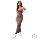 Sleek brown spaghetti strap summer comfort dress with smooth sheen