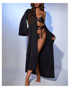 Elegant black lace lingerie set with satin robe, long-sleeved fashion design