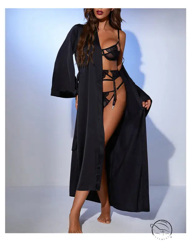 Black lace loose long tie satin nightgown with matching robe