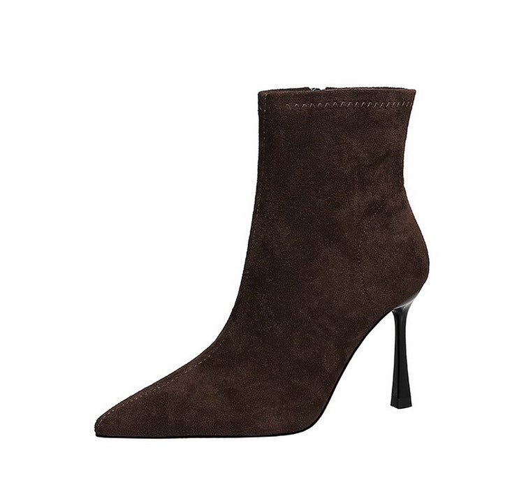 Elegant langry brown suede fashion ankle boot with pointed toe
