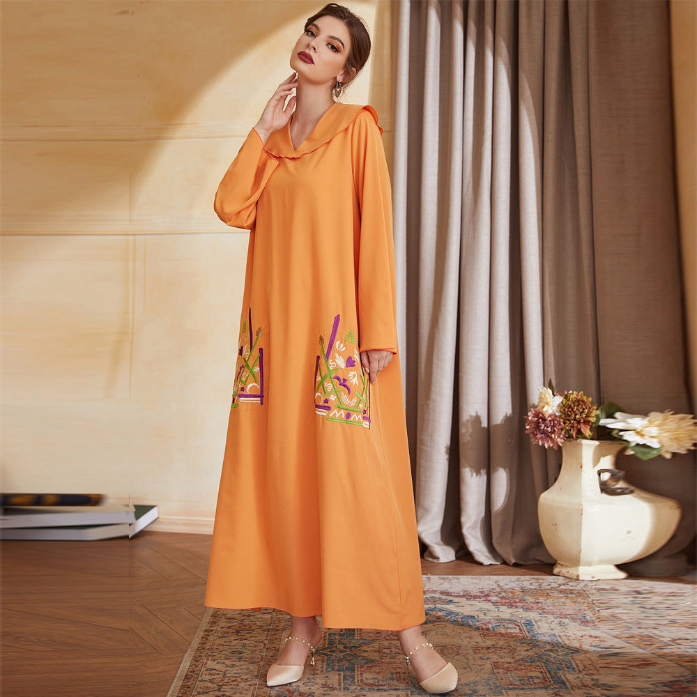 Orange floral embroidered abaya with hooded neckline in Langry fashion