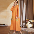 Orange floral embroidered abaya with hooded neckline in Langry fashion
