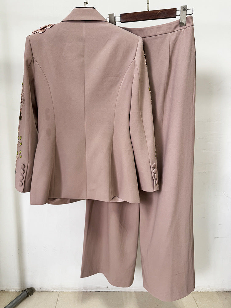 Elegant langry dusty rose floral two-piece fashion suit with embellished sleeves
