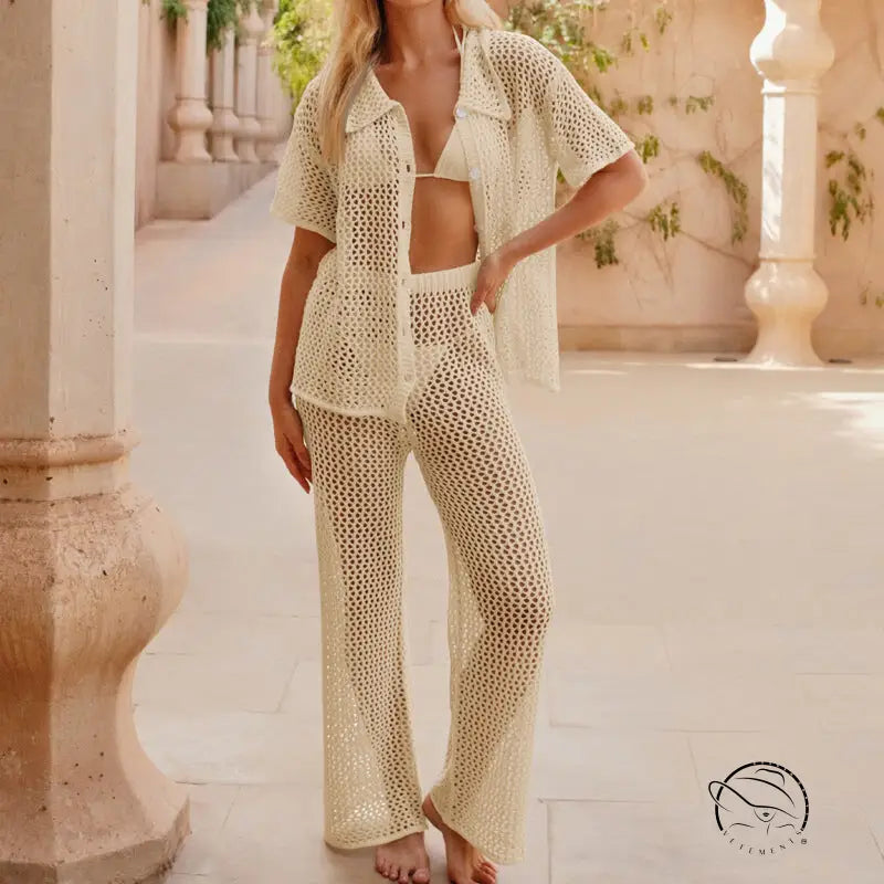 Cream-colored crochet beach loose shirt and casual trousers set