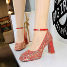 Waterproof Low Cut Square Toe Sequ Ankle Strap Shoes