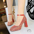 Waterproof Low Cut Square Toe Sequ Ankle Strap Shoes