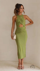 Stunning slim fit green langry fashion slit midi dress