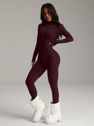 Burgundy stretchy langry fashion bodysuit with white chunky platform boots