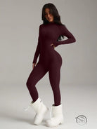 Burgundy stretchy langry bodysuit with white chunky platform boots for yoga fashion