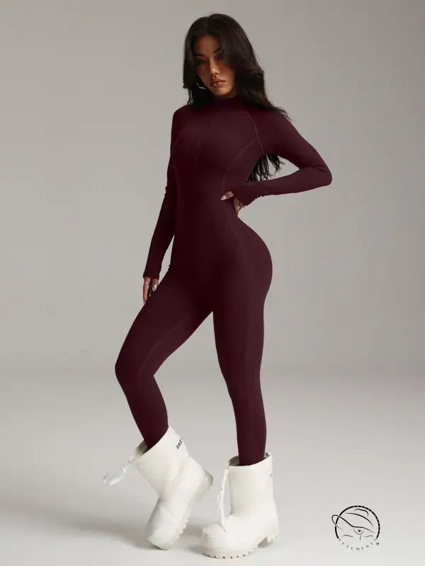 Burgundy stretchy langry bodysuit with white chunky platform boots for yoga fashion