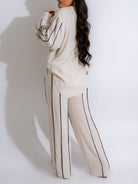 Langry fashion beige striped pants with black piping in Enchanting Linen Shirt Two Piece Set