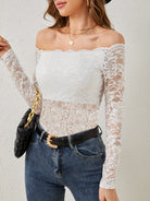 Elegant white lace off-shoulder slim fit T-shirt with floral patterns