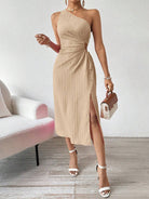 Elegant Beige One-Shoulder Midi Dress showcasing Langry Fashion ملابس style