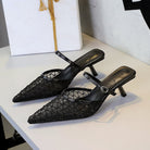 Langry black lace kitten heel mules with pointed toes and ankle strap