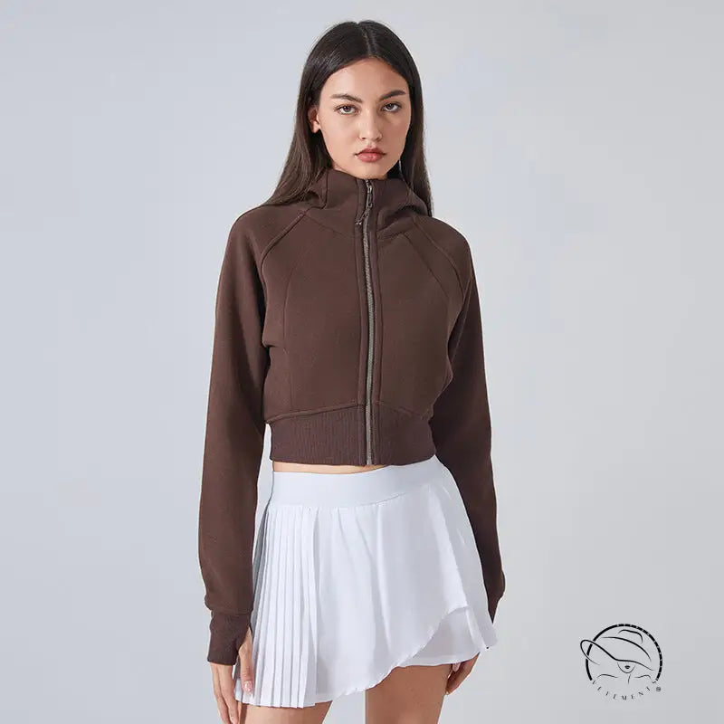 Brown cropped hooded cardigan sweater with white skirt