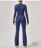 Navy blue long-sleeved one piece sportswear jumpsuit with flared legs