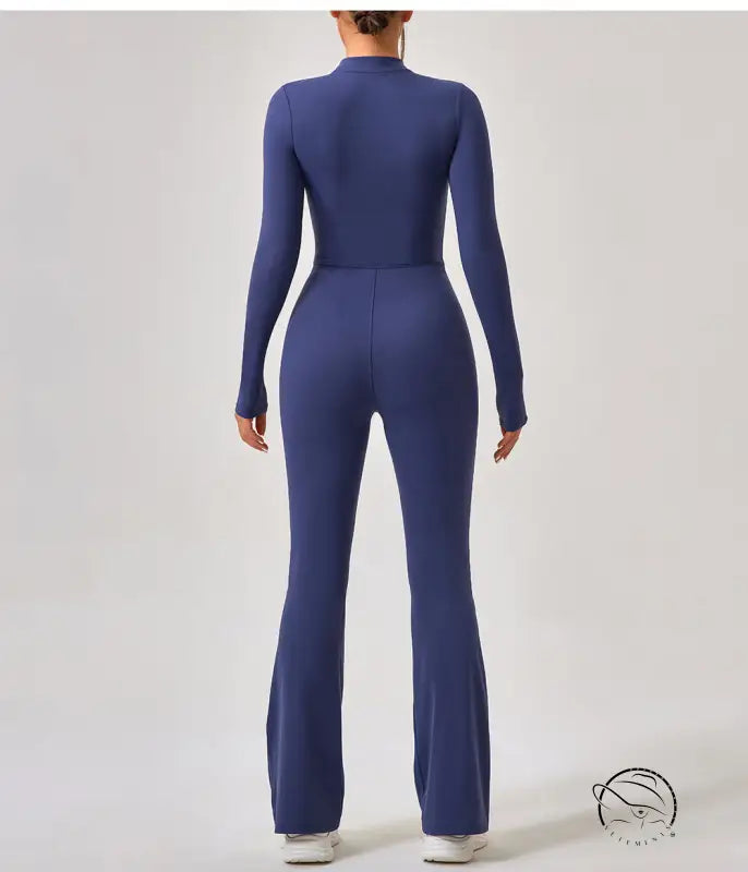 Navy blue long-sleeved one piece sportswear jumpsuit with flared legs