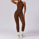Sleek brown high-neck langry fashion yoga jumpsuit with front zipper