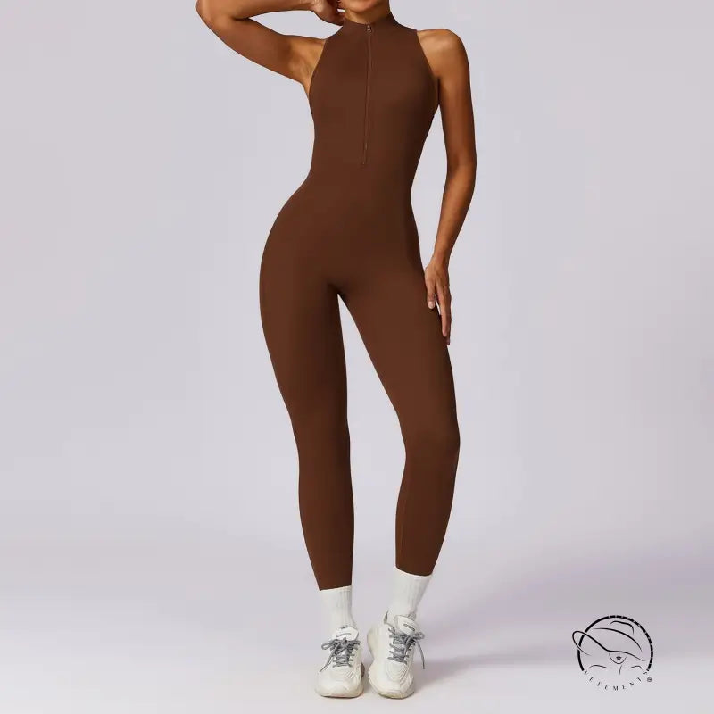 Sleek solid brown high-neck langry fashion yoga jumpsuit with front zipper