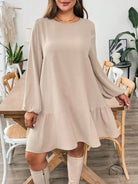 Beige long-sleeved midi dress with ruffled hem in Langry fashion