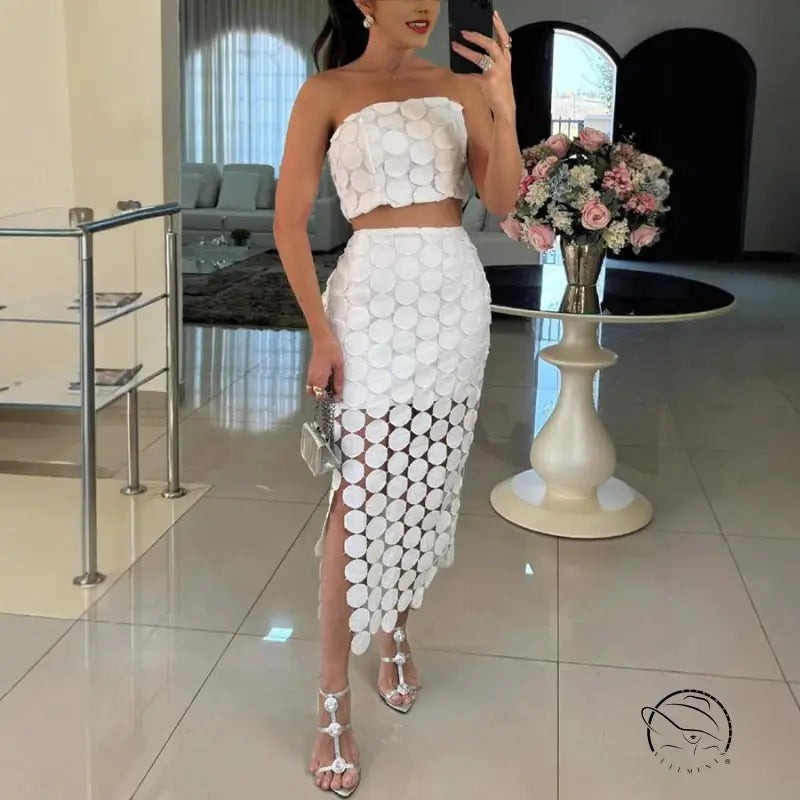 White circular-patterned casual loose vacation two-piece outfit