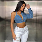 Popular Strap Matching Long Sleeve Denim Top