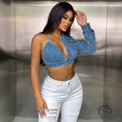 Popular Strap Matching Long Sleeve Denim Top