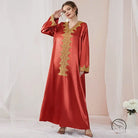Elegant red satin abaya with gold embroidery, langry fashion ملابس
