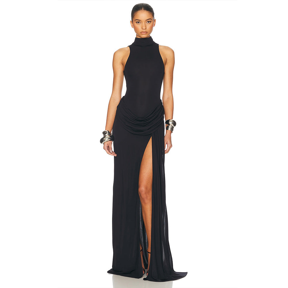 Black halter neck langry fashion gown with high slit and ruched detail
