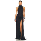 Black halter neck langry fashion gown with high slit and ruched detail