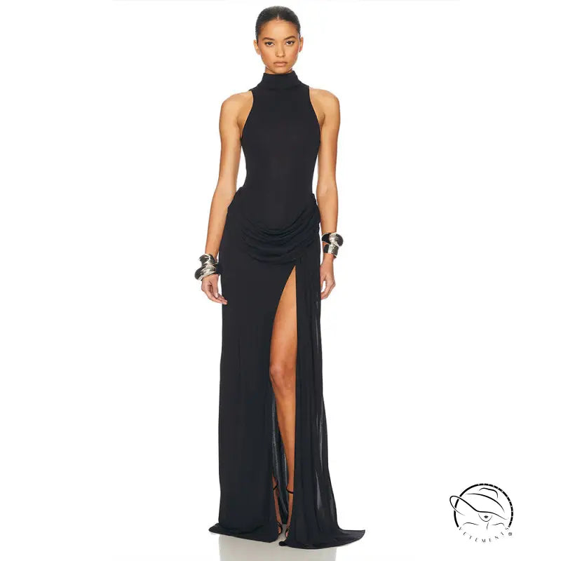 Black halter neck gown with high split and tight waist ruched detail