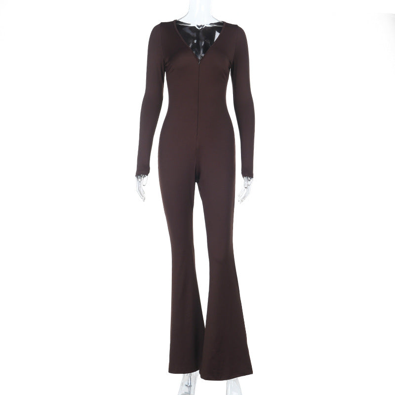 Sleek langry fashion jumpsuit in dark brown with lace-up neckline